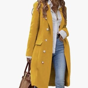 IDEALSANXUN Women's Yellow Wool Double Breasted Midi Peacoat Trench Coat Sz XL